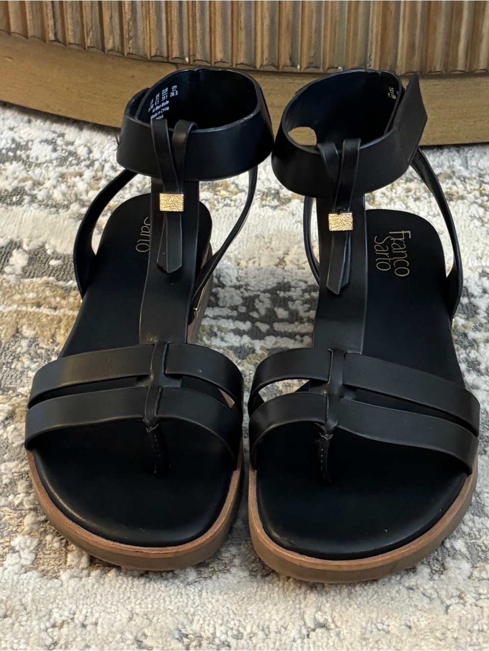 Franco Sarto Dosha Gladiator Sandals Black Leather Flat Ankle Strap Women's 9.5M